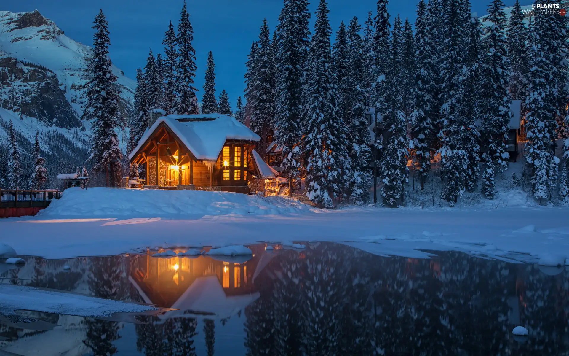 house, Mountains, Yoho National Park, snow, Canada, lake, forest, light, trees, winter, evening, Emerald Lake, viewes