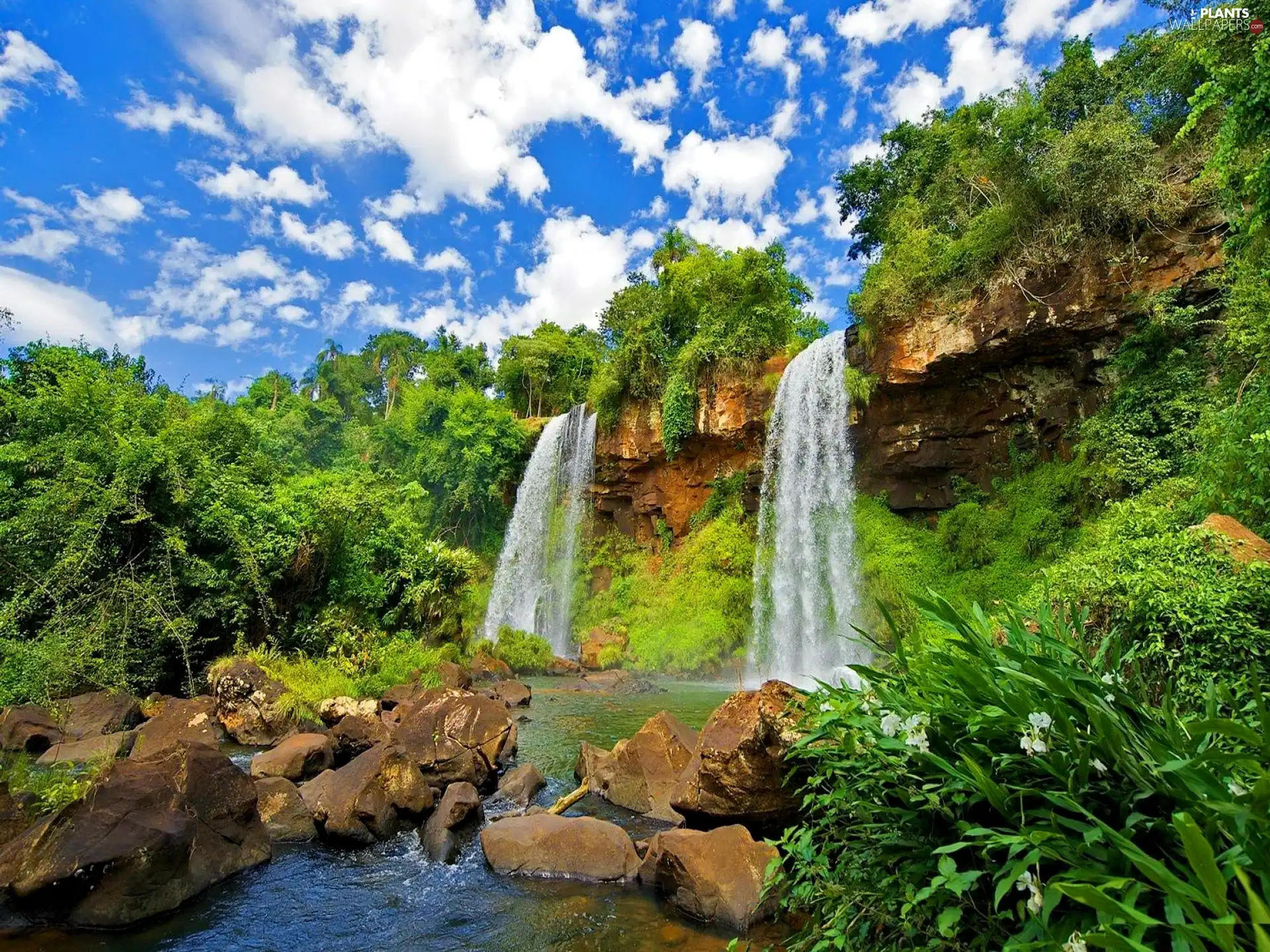 rocks, White, clouds, waterfalls