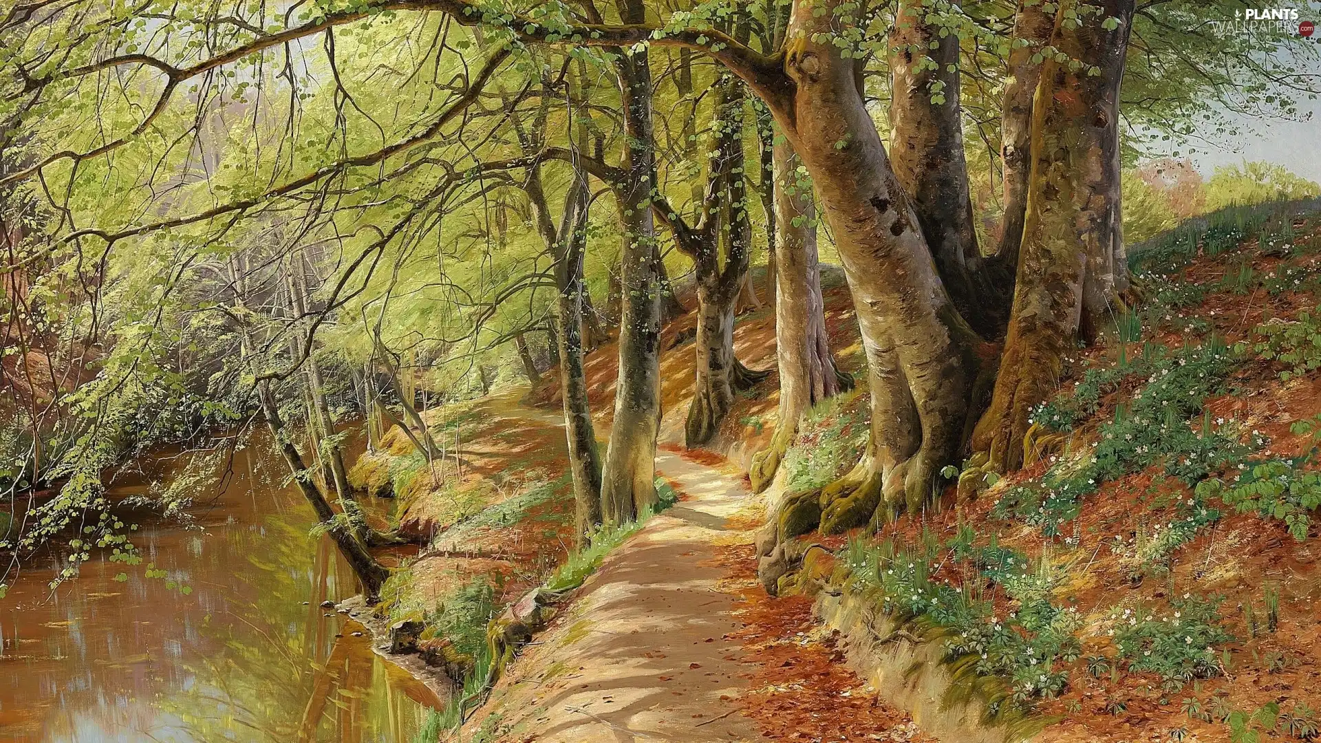 forest, trees, Path, viewes, Flowers, painting, Peder Mork Monsted, River