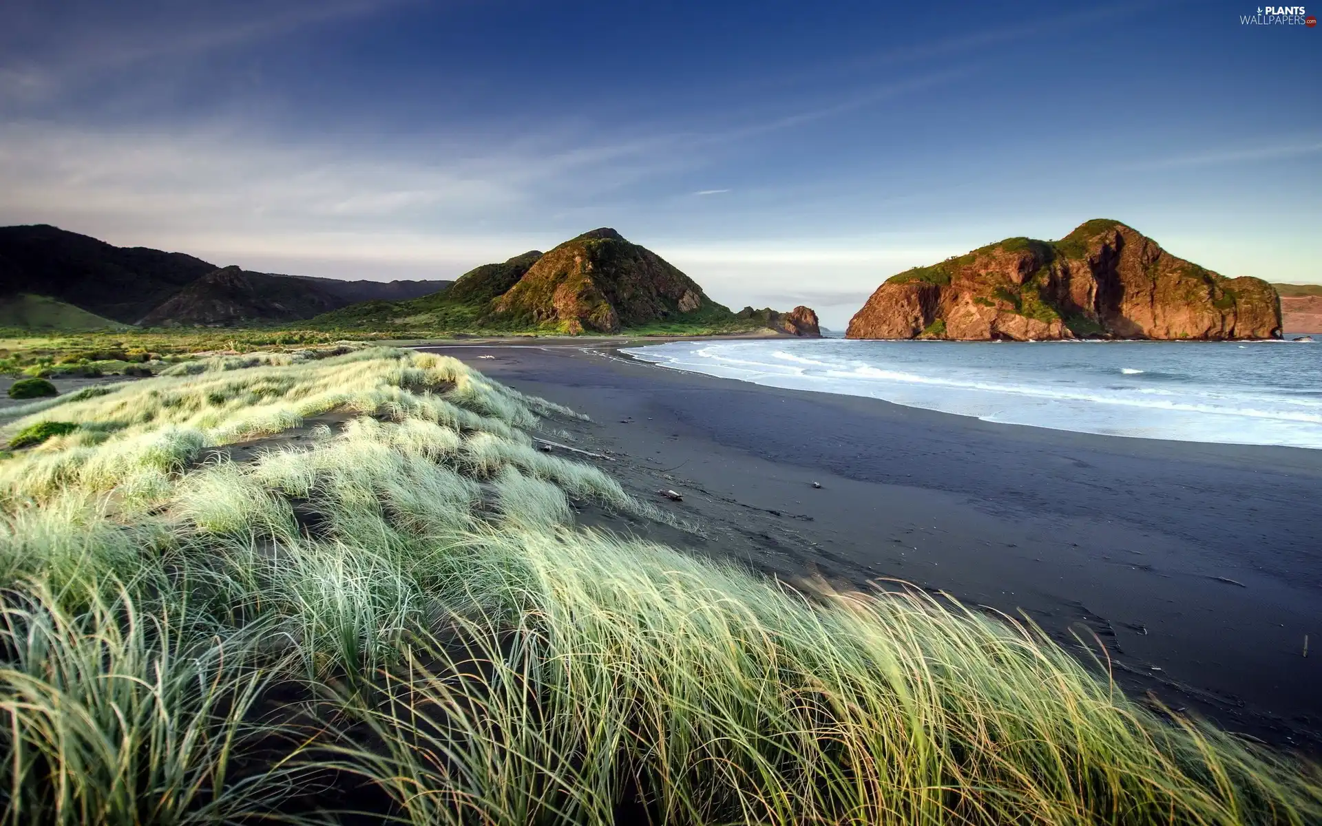 Mountains, coast, grass, sea