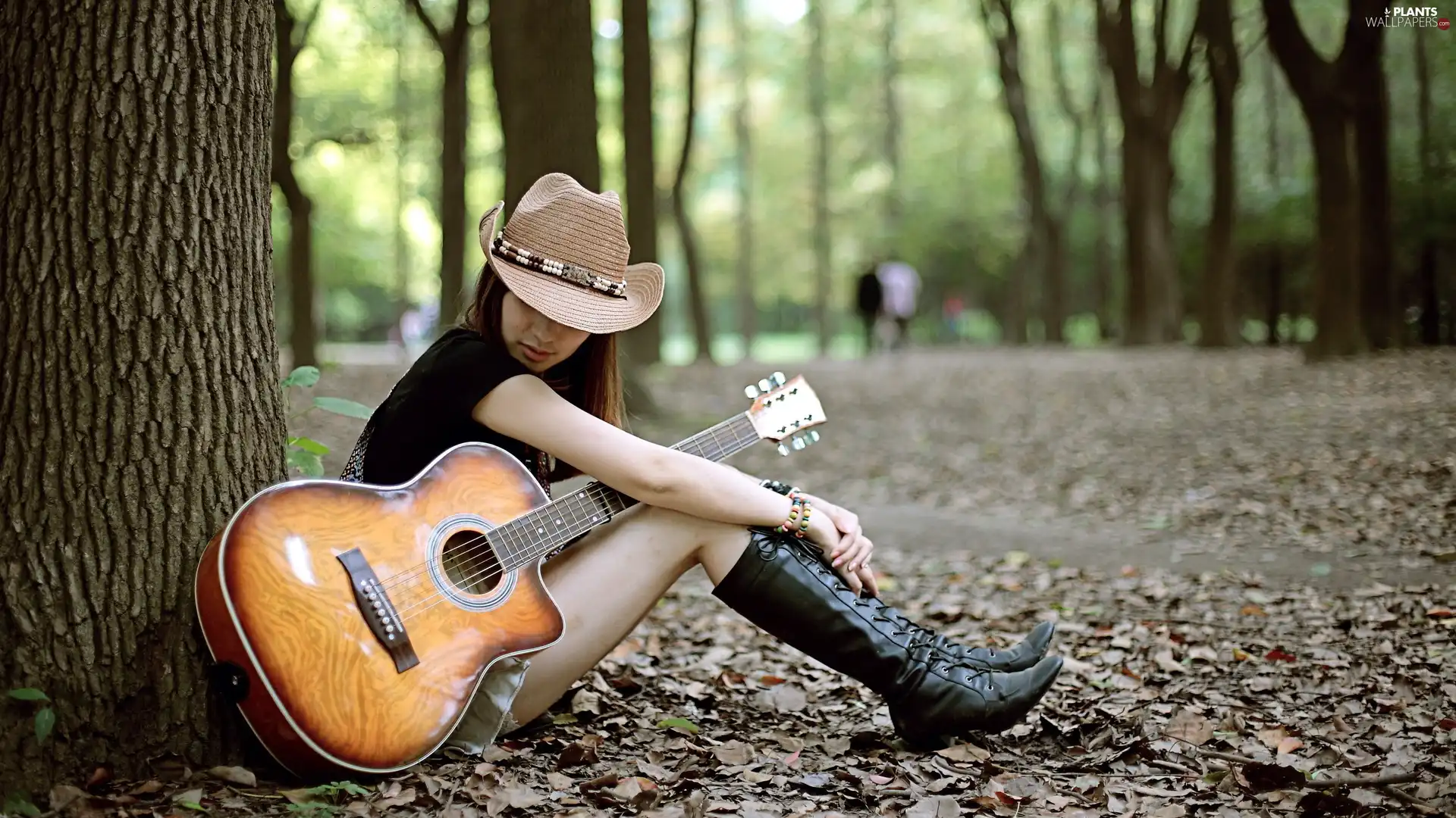 Women, Guitar, Leaf, Park