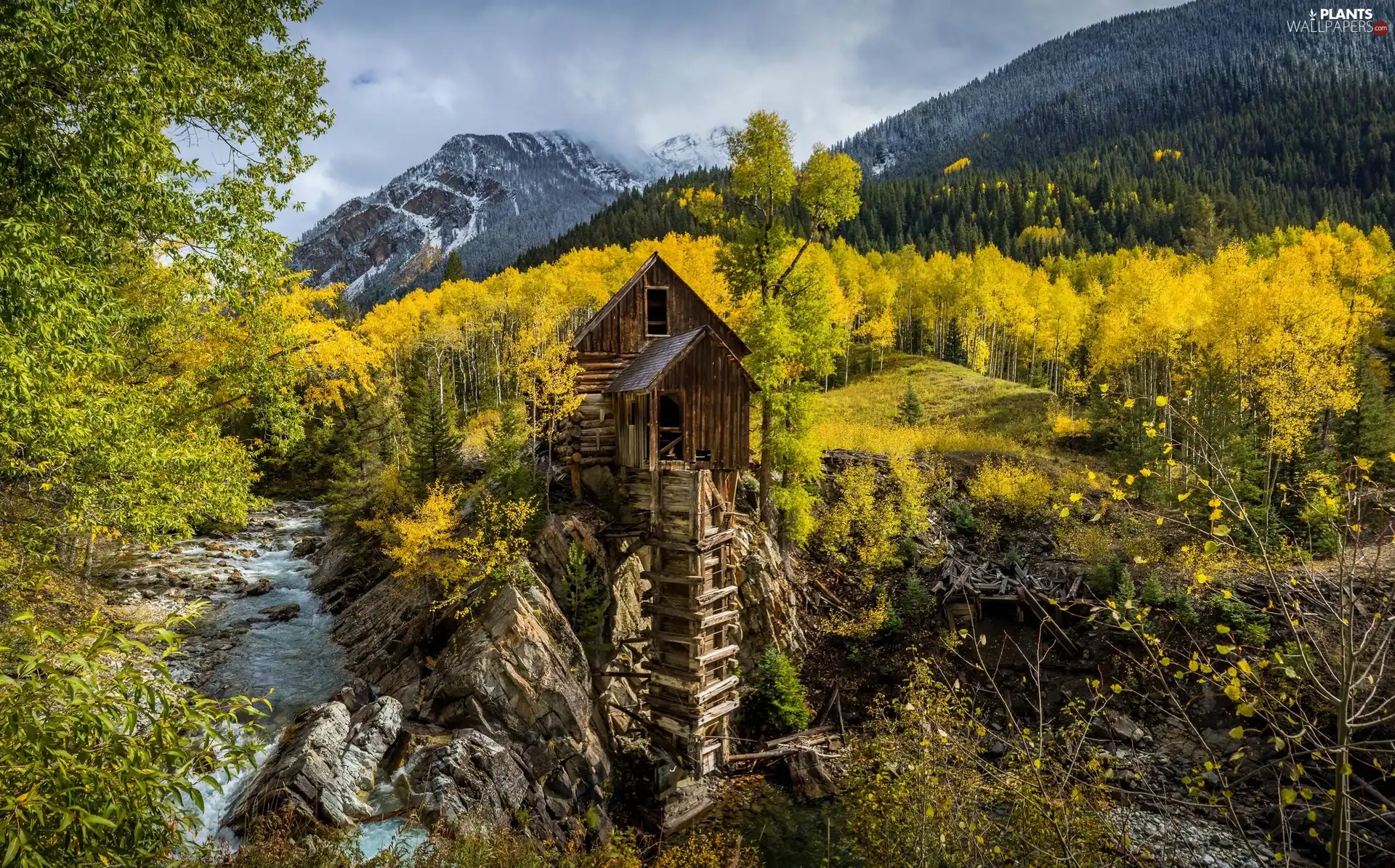 State of Colorado, The United States, Crystal Mill, forest, River, autumn, viewes, Mountains, trees