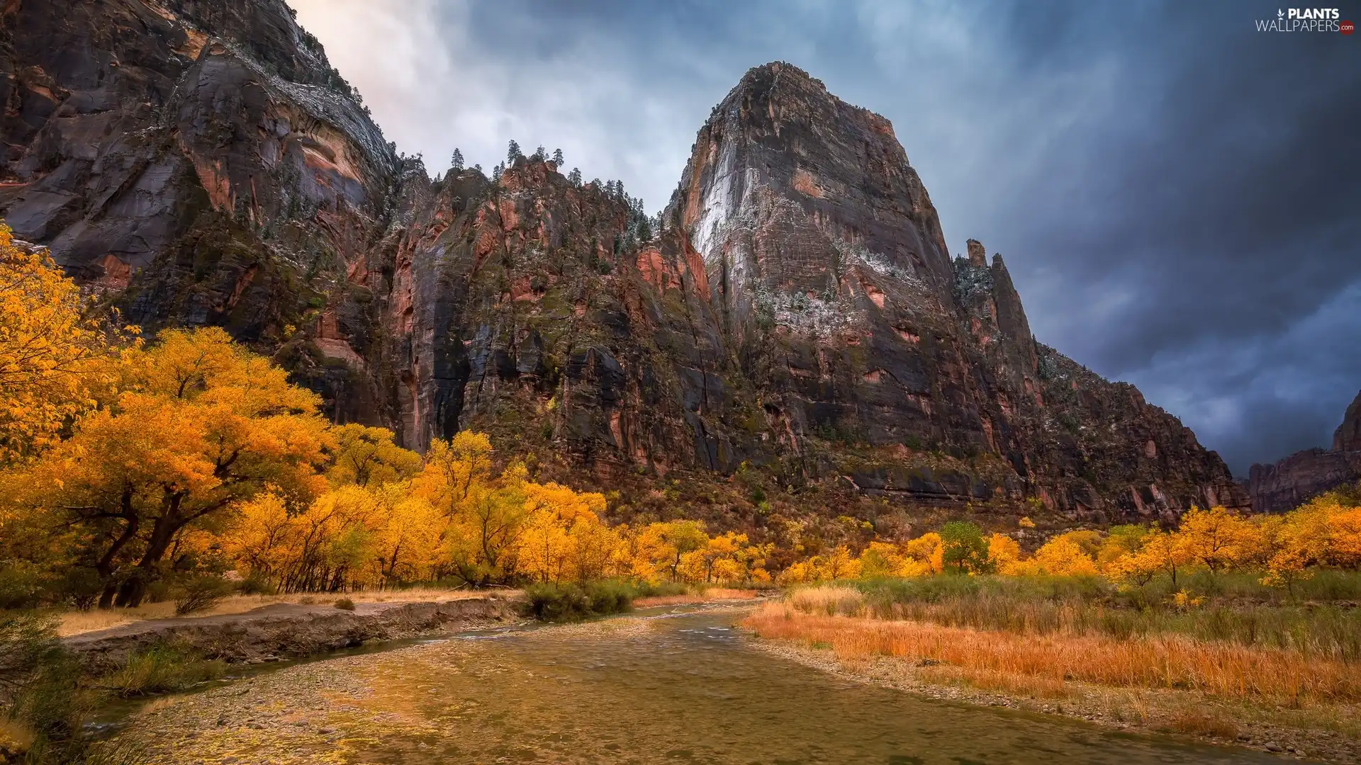 viewes, River, clouds, Mountains, autumn, trees