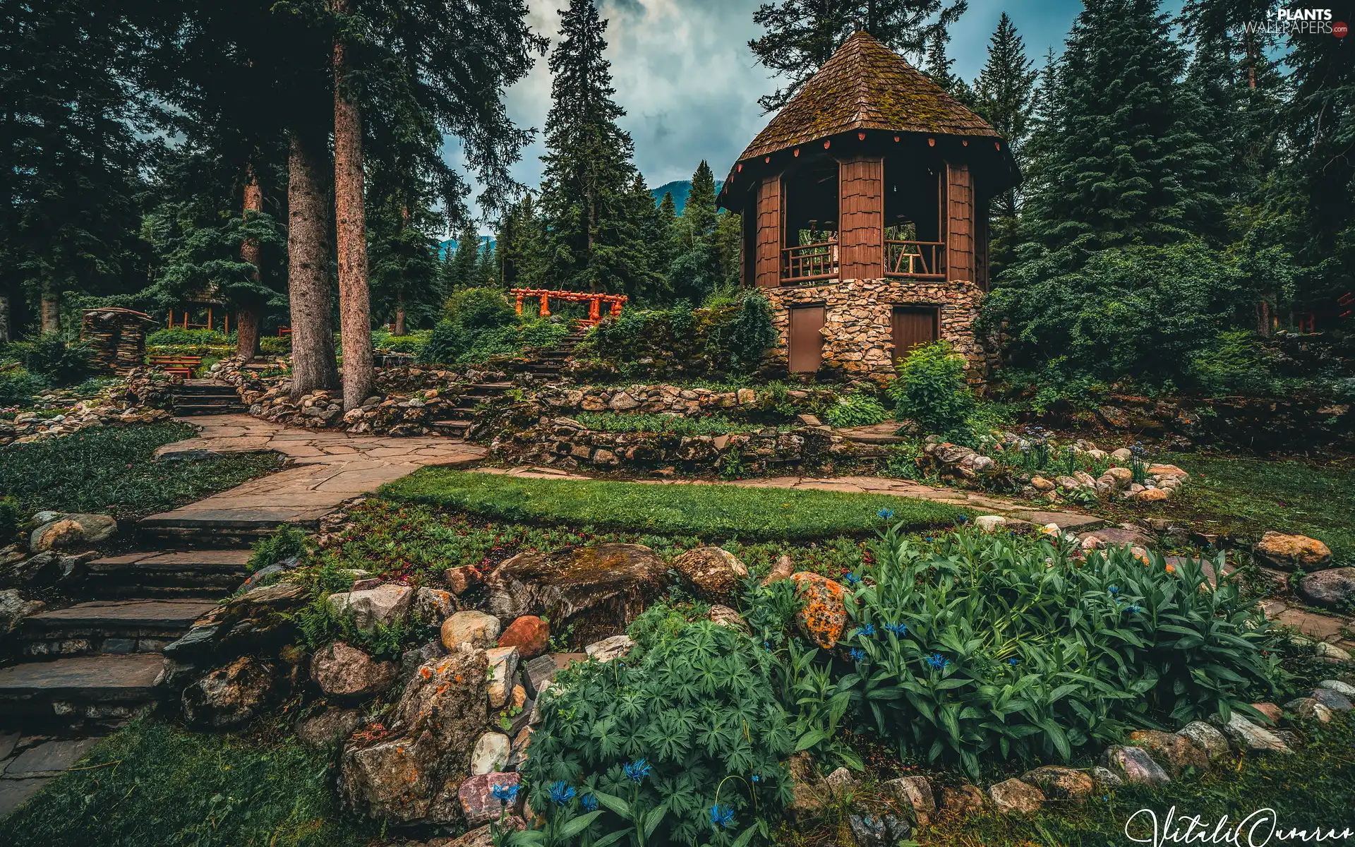 arbour, Park, trees, viewes, Alberta, Canada, Plants, Banff National Park, Stairs