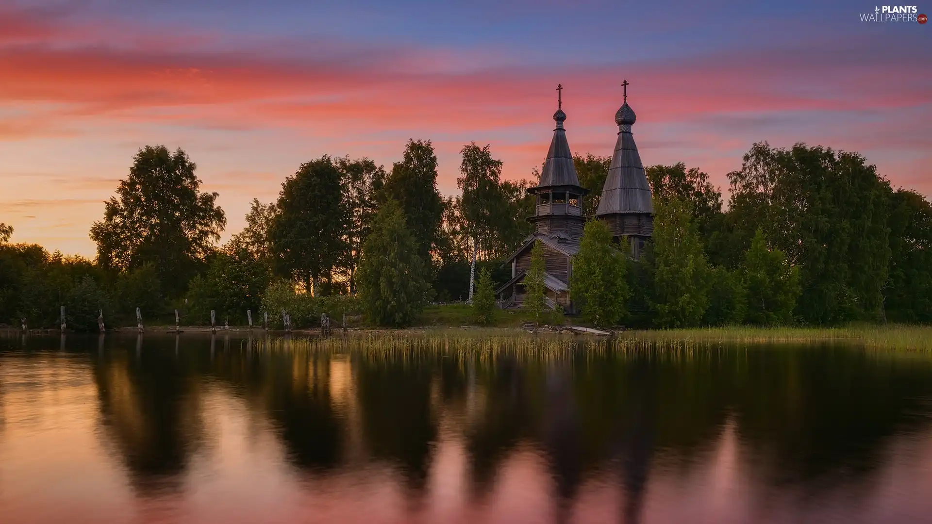 trees, Cerkiew, Pinkish, Sky, viewes, lake