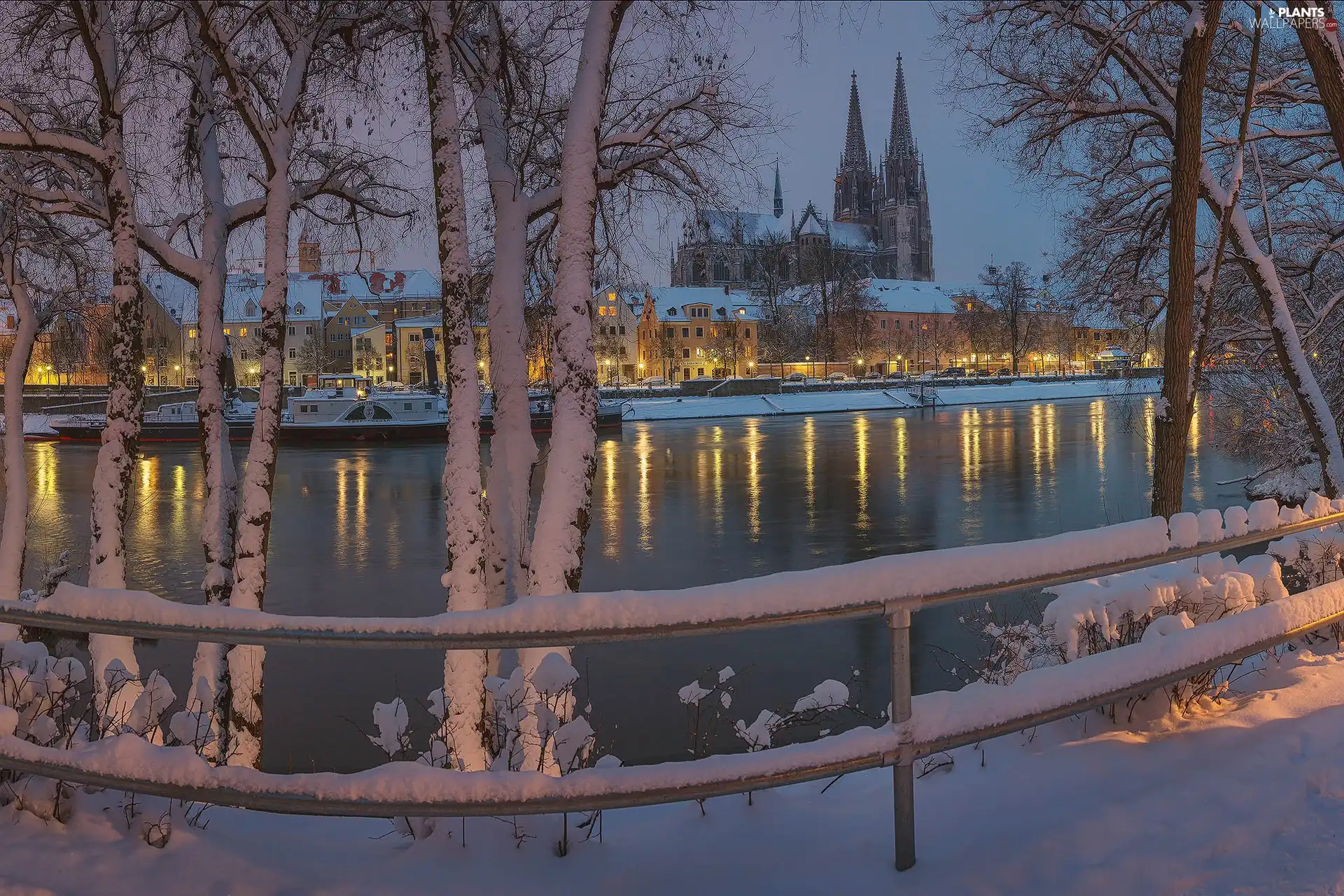 winter, Regensburg, snow, River, fence, Fance, trees, viewes, chair