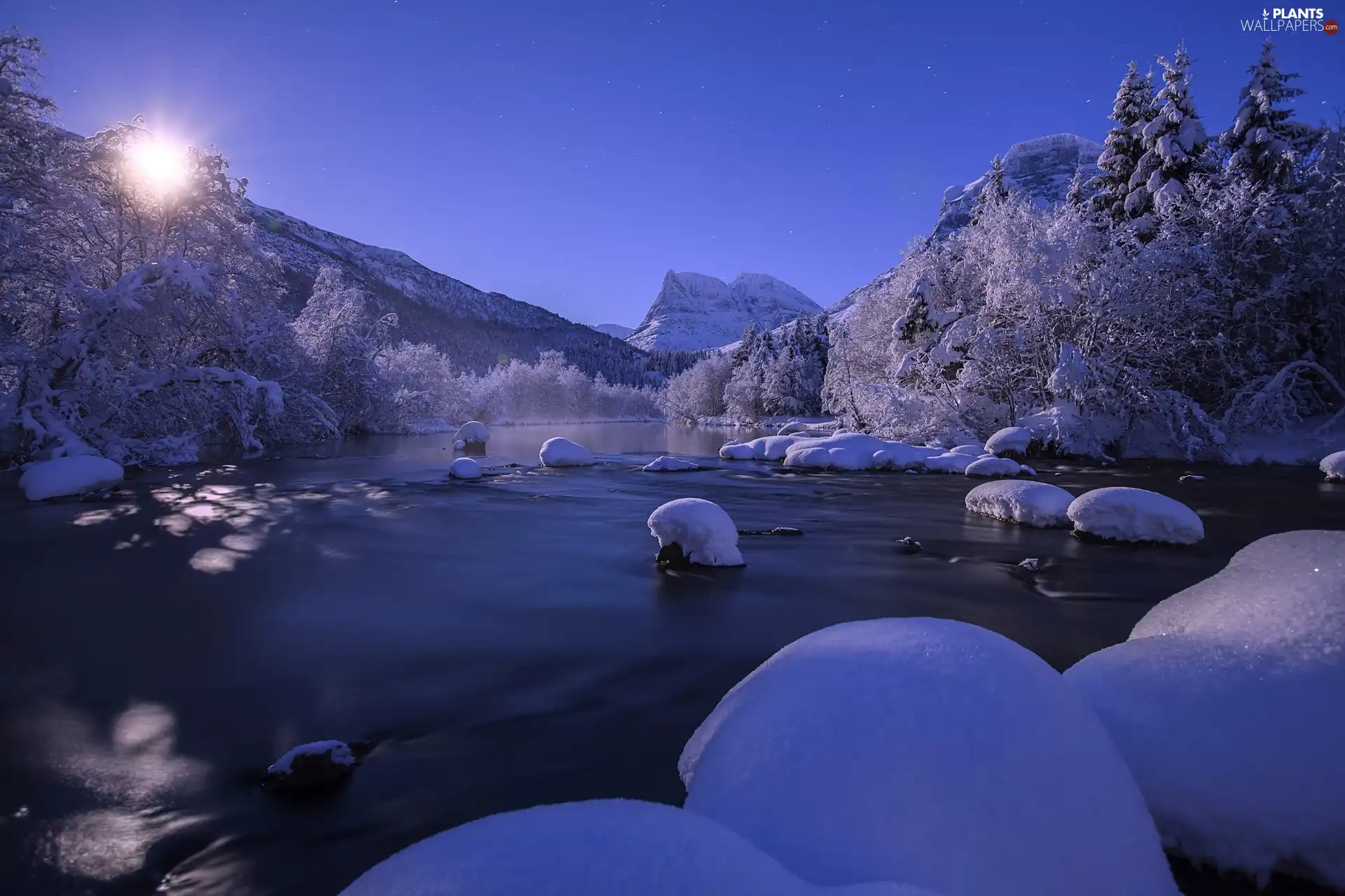 River, east, trees, sun, Mountains, Stones, viewes