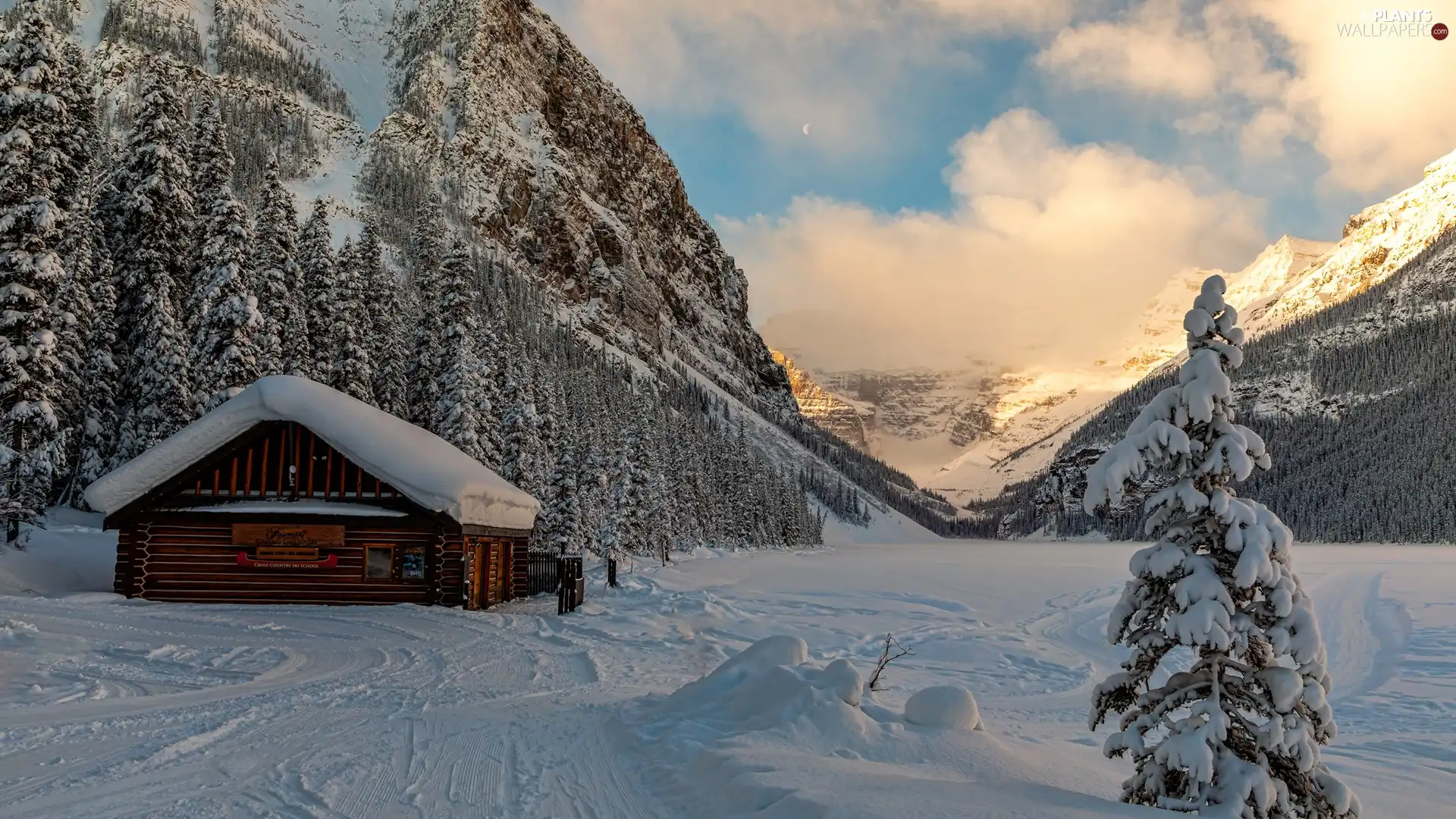 trees, Mountains, wooden, Sunrise, house, winter, forest, clouds, viewes, Snowy